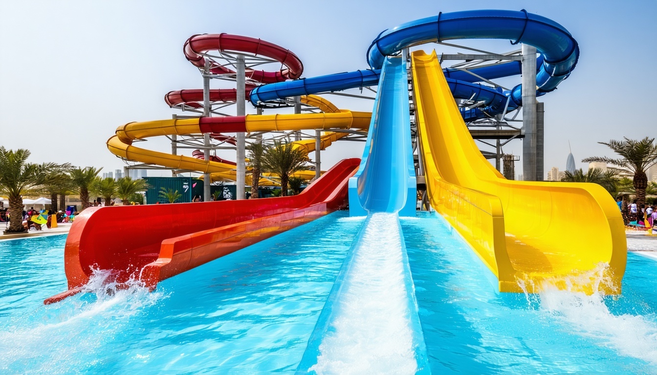 A vibrant Dubai water park with thrilling slides and clean pools