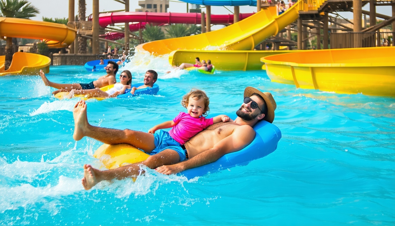 Families enjoying relaxation zones at a Dubai water park