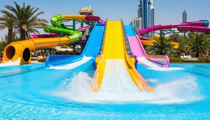 A vibrant water park in Dubai with pools, thrilling slides, and relaxation zones under the sun A vibrant water park in Dubai with pools, thrilling slides, and relaxation zones under the sun