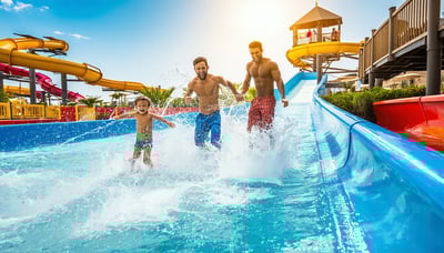 Families enjoying attractions at a Dubai water park under the sunny sky Families enjoying attractions at a Dubai water park under the sunny sky