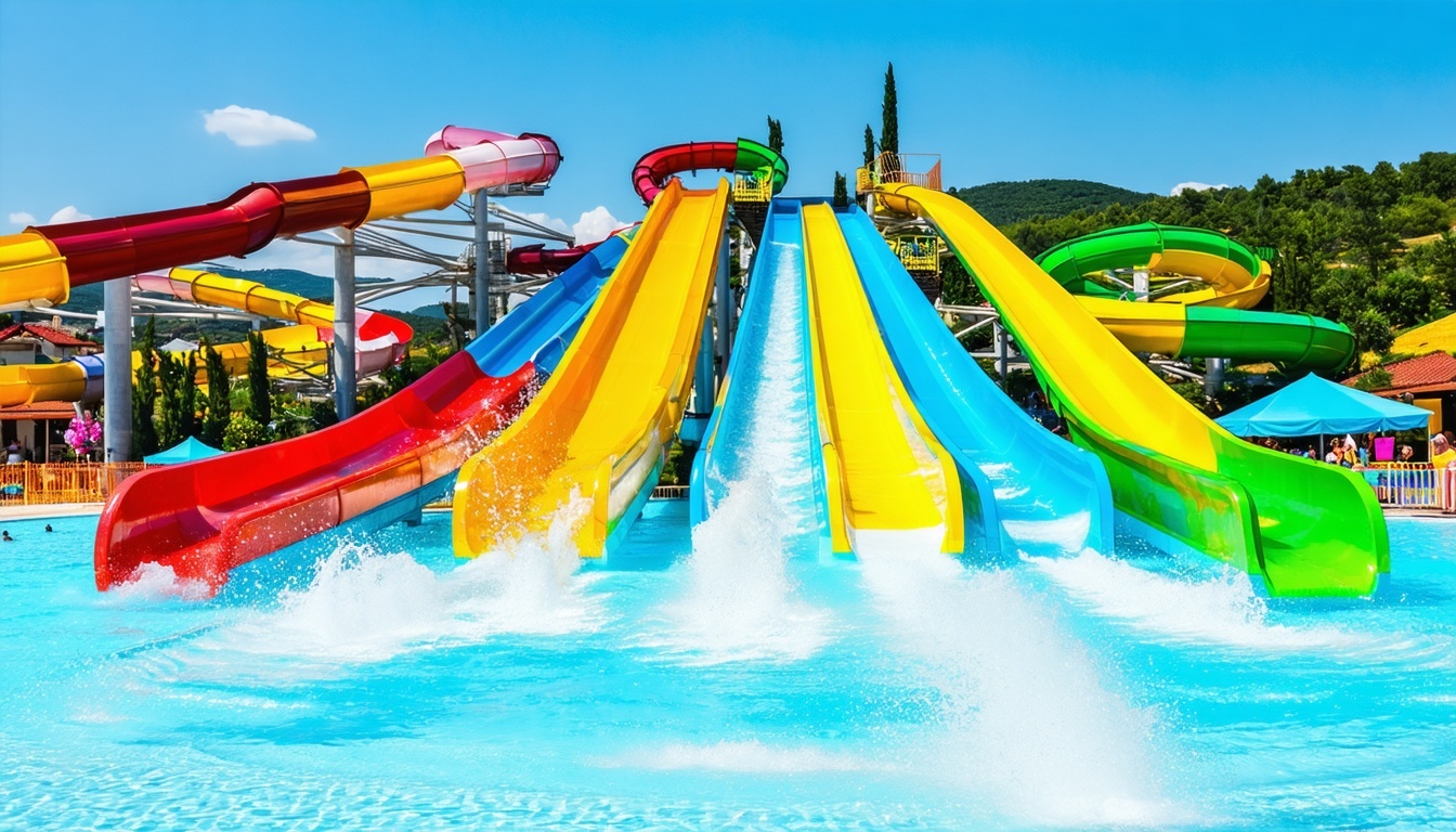 A vibrant water park with clean pools and colourful slides