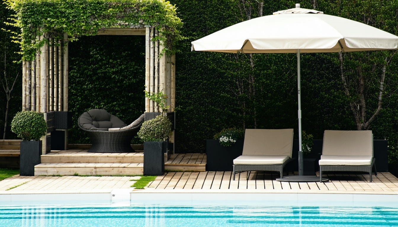 A relaxing shaded lounge area beside a pool